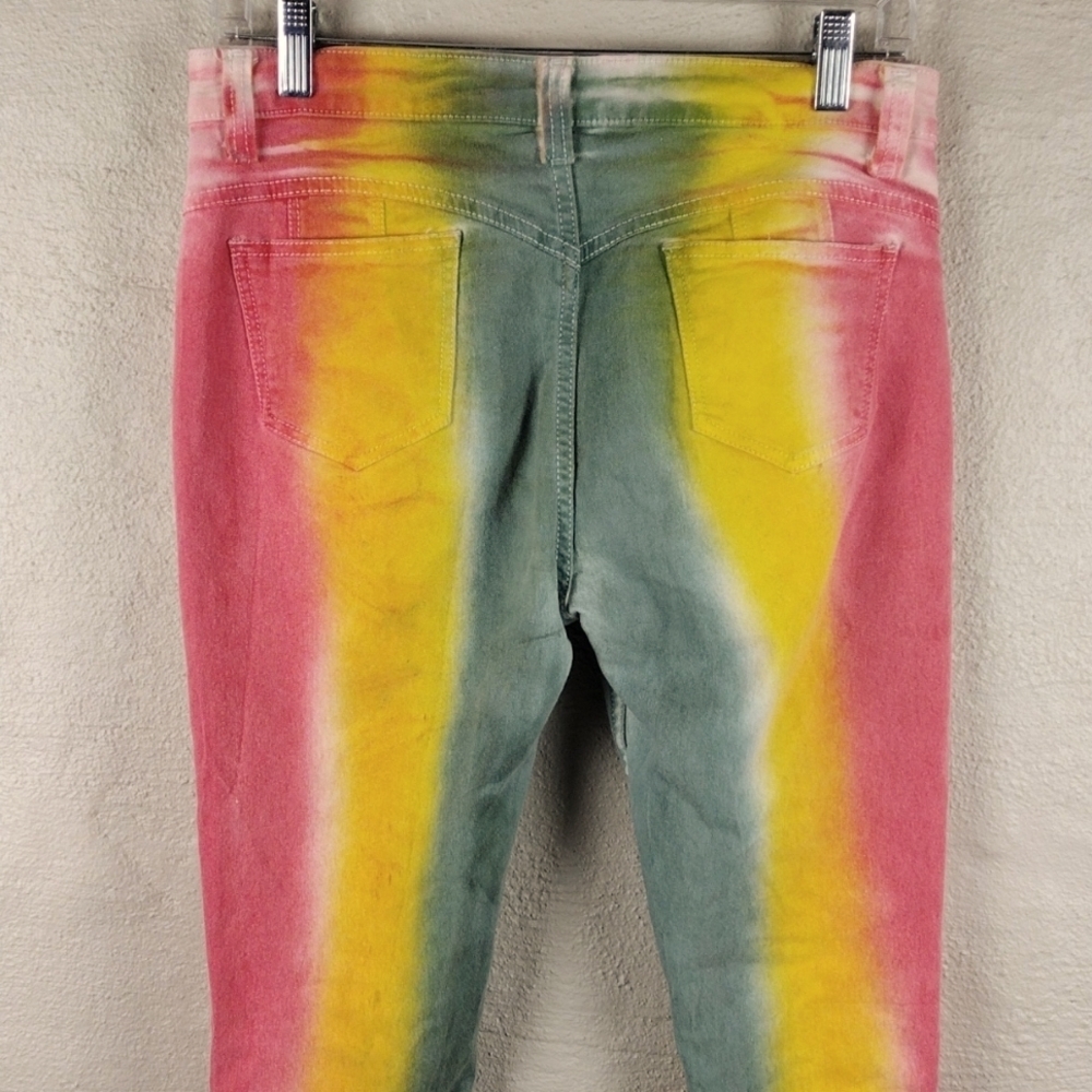 Go Glory Pink Yellow Tie-Dye Mid Rise Button Zip Ripped Skinny Colored Jeans - Picture 13 of 16